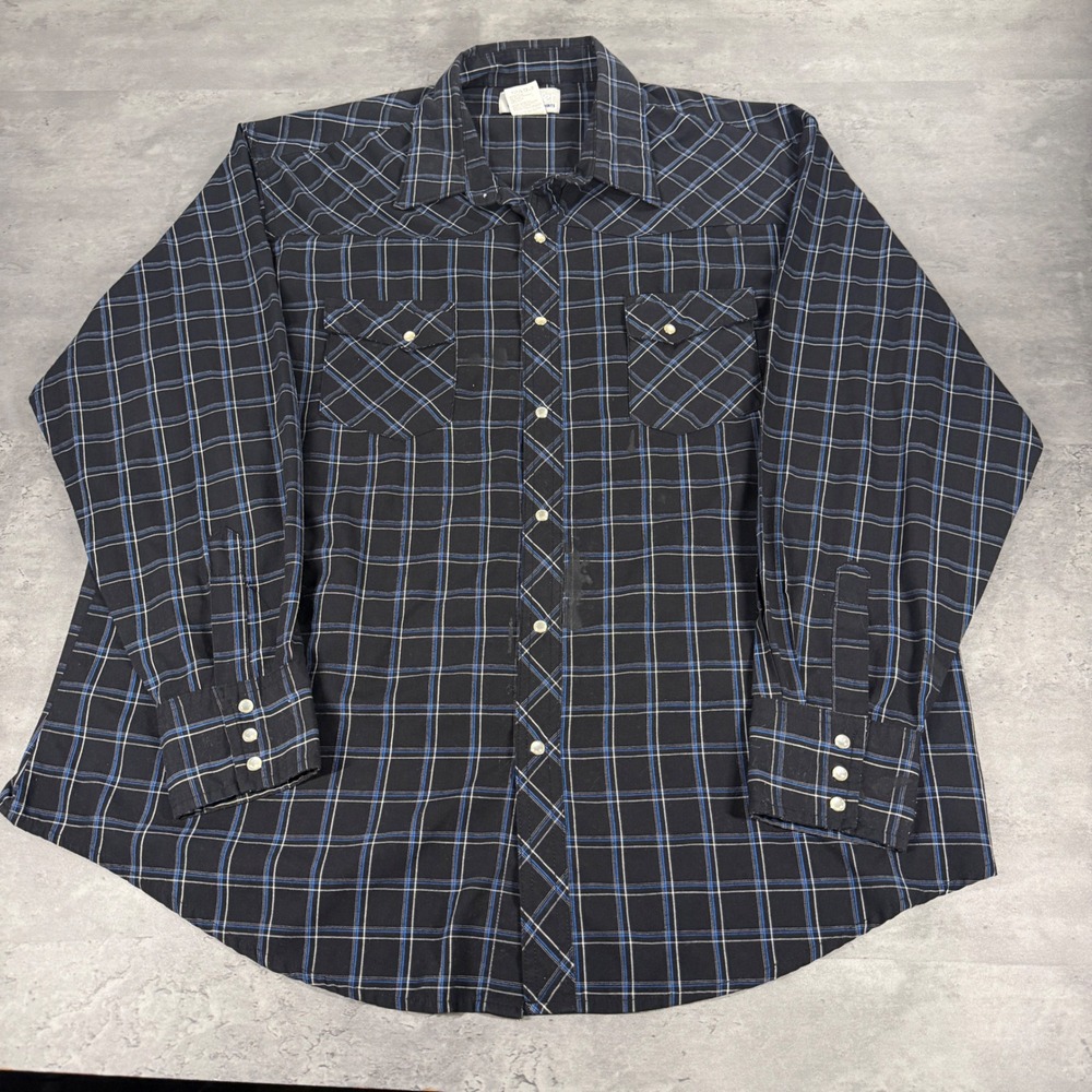 Wrangler Wrancher Western Shirt Mens XXL 2XL Black Blue Plaid Pearl Snap Cowboy‎